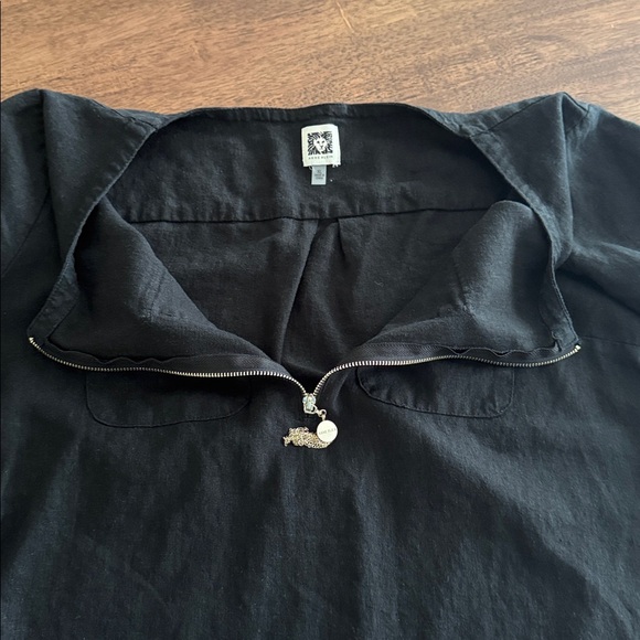Anne Klein linen blend short sleeve front zip top - Picture 6 of 9